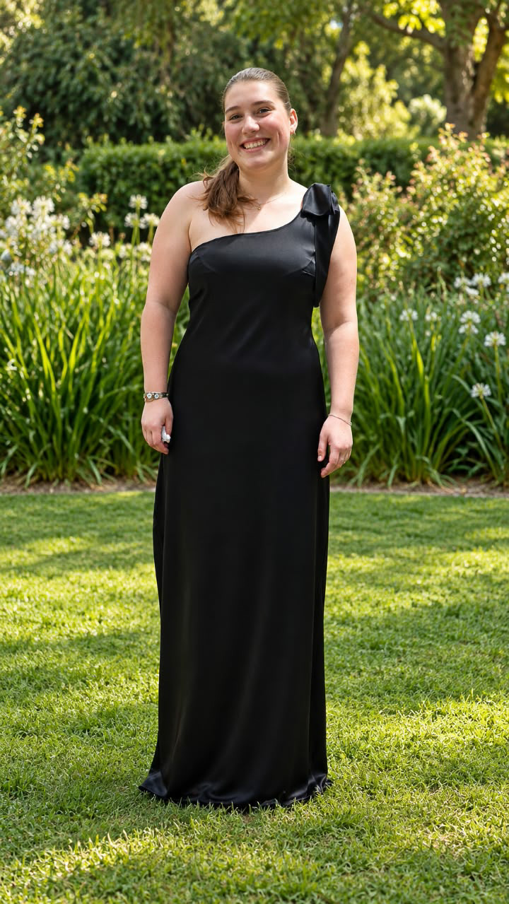 Full-length front view of the Satin Noir black column gown with asymmetrical shoulder bow