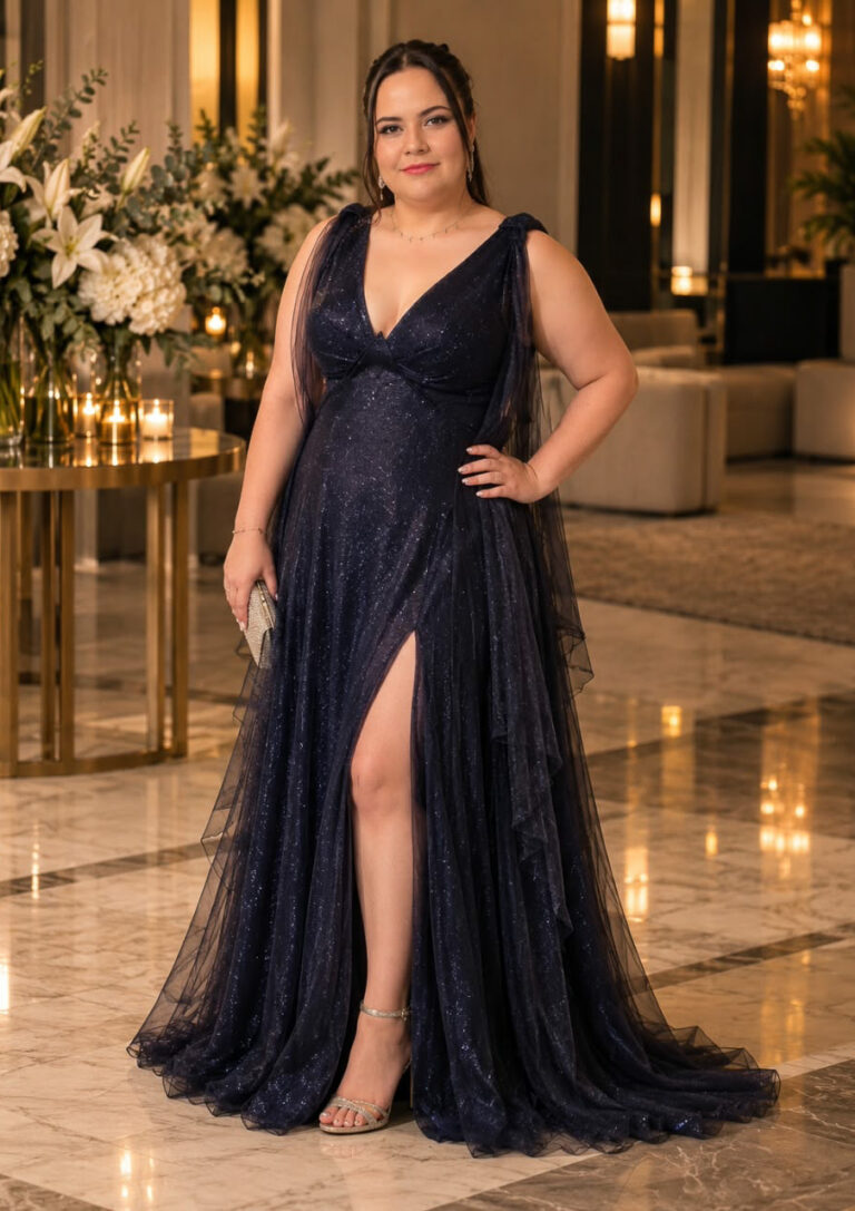 Full-length front view of the Luna midnight-blue A-line gown with empire waist, thigh-high slit and draped tulle