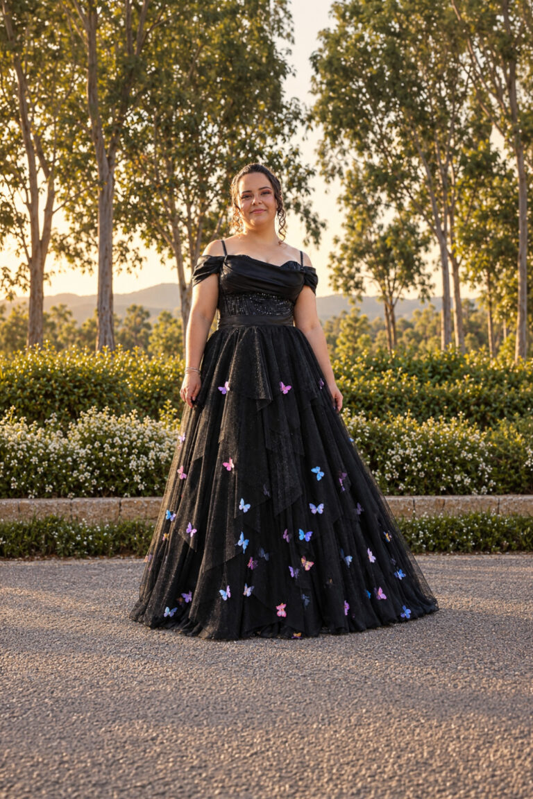 Full-length front view of the Midnight Fairytale black tulle ball gown with beaded bodice and colourful butterflies