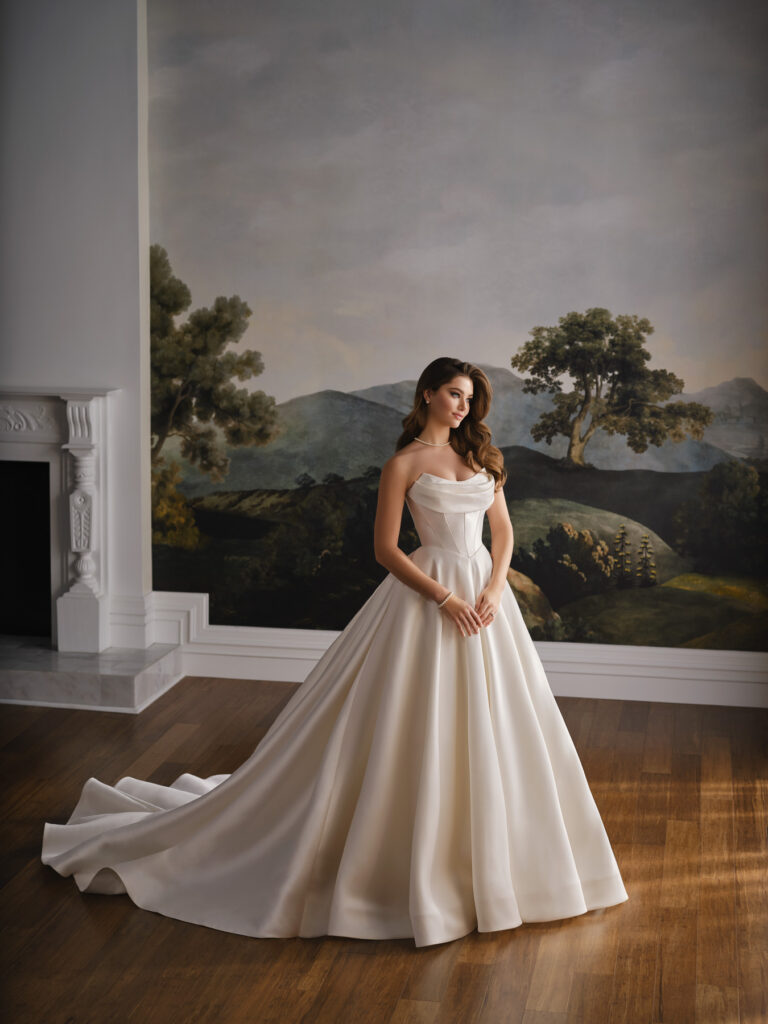 Full-length front view of the Murphy MT8109MKD diamond-white ball gown with strapless bodice and satin skirt