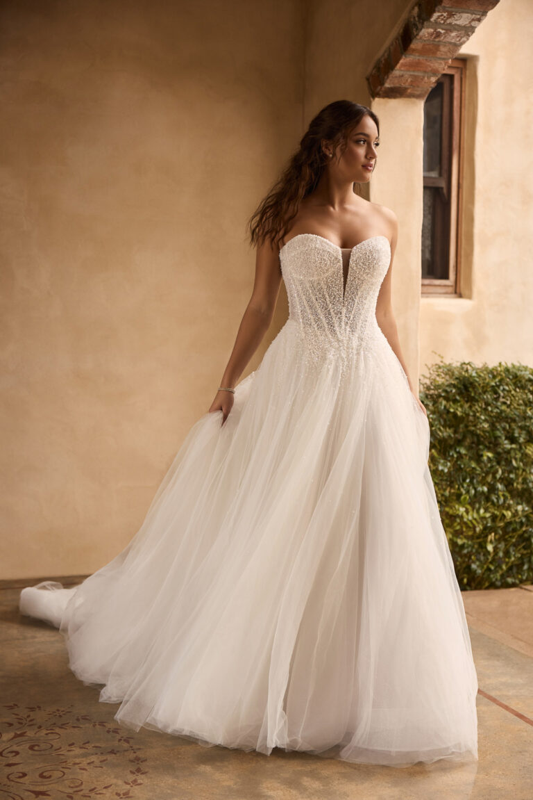 Full-length front view of the Alice Y3176 ivory ball gown with corset bodice and full tulle skirt