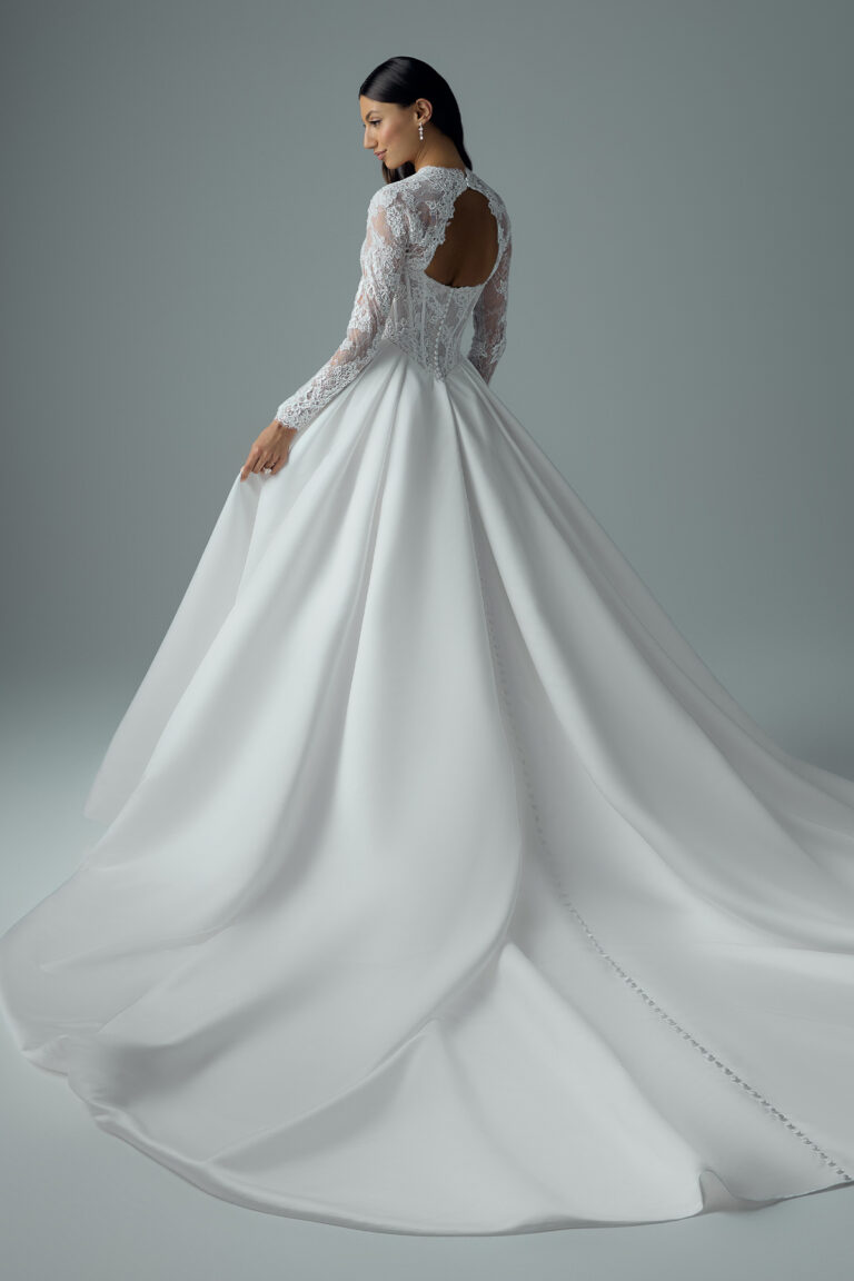 Back view of the Bree Y3221 ivory ball gown showing detachable lace sleeves, keyhole back and long satin train